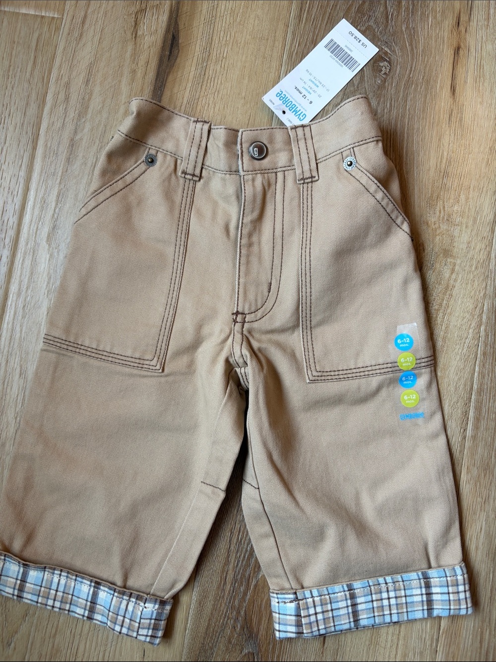 Vintage Kids Gymboree Tan Canvas Cargo Pants with Plaid Cuffs